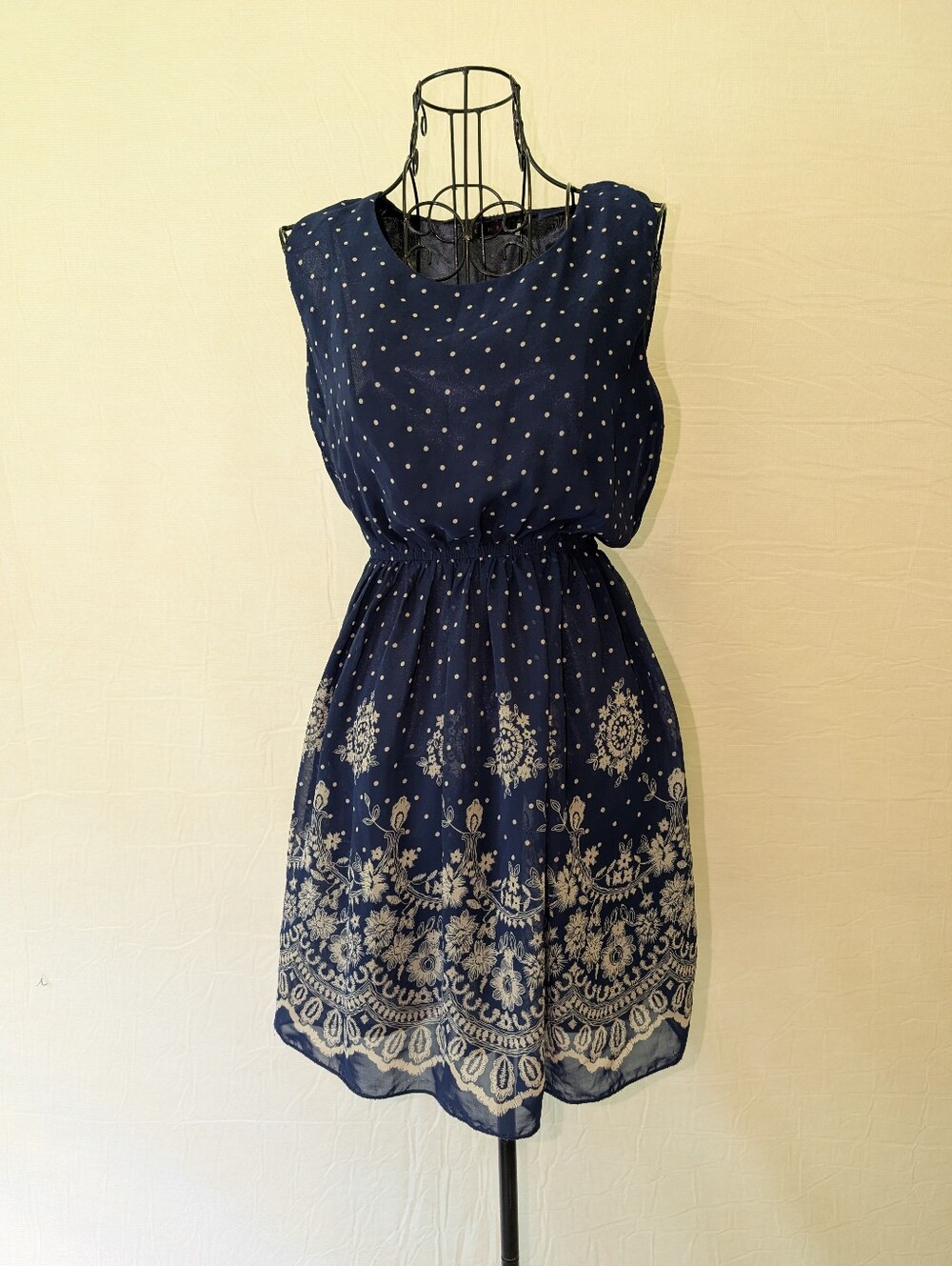 Navy Blue Dress With Floral And Polka Dot Pattern